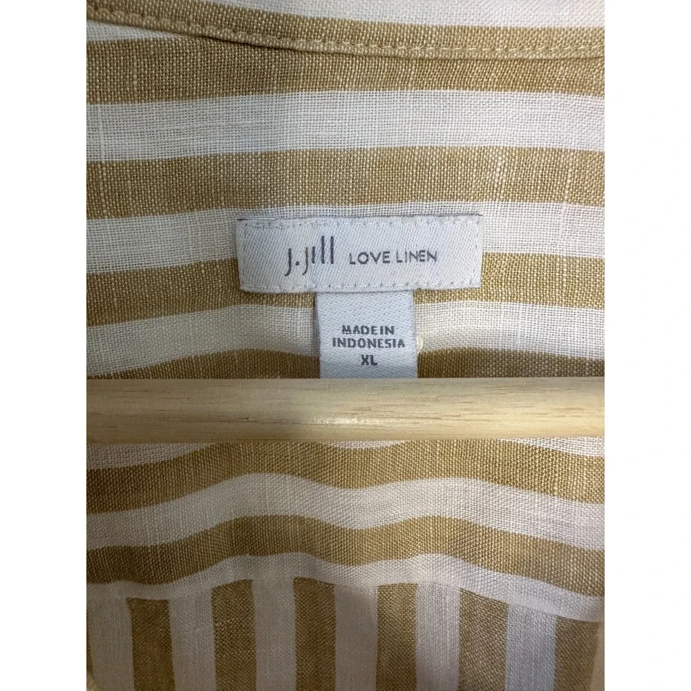 J Jill Love Linen Tan White Striped Button Up Pocket Shirt XL Lagonlook Coastal - Picture 7 of 12